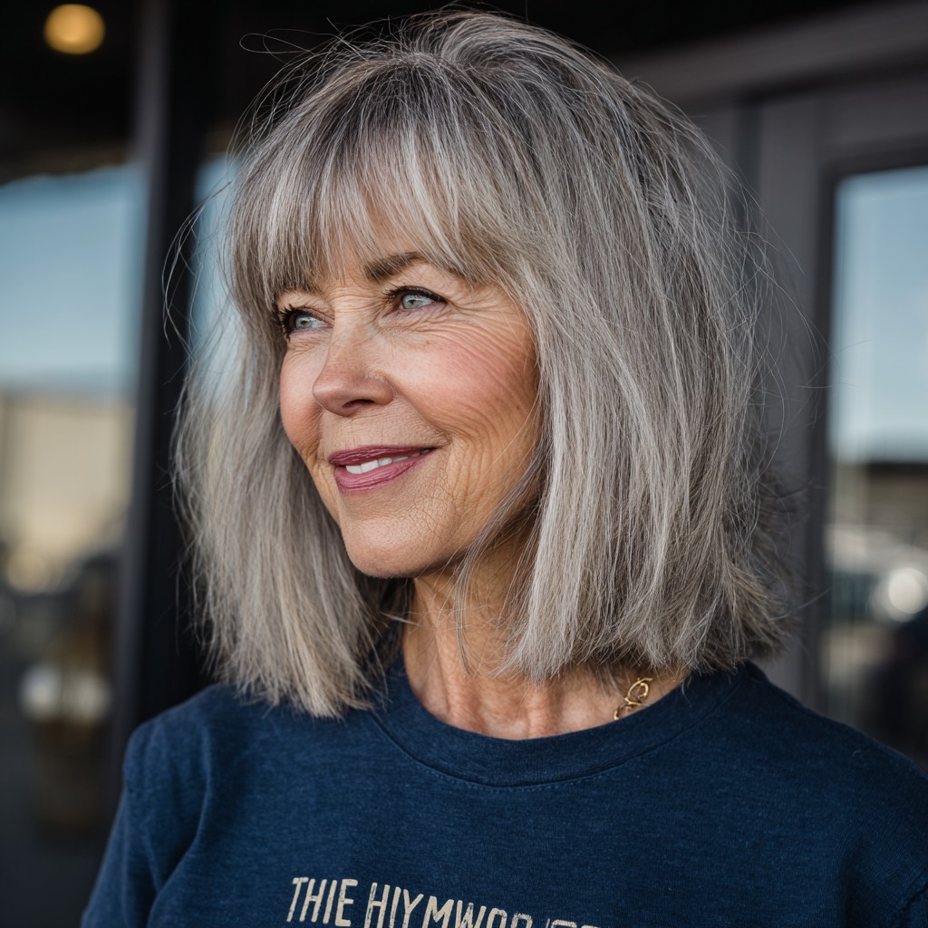 Textured Gray Lob with Face-Framing Bangs