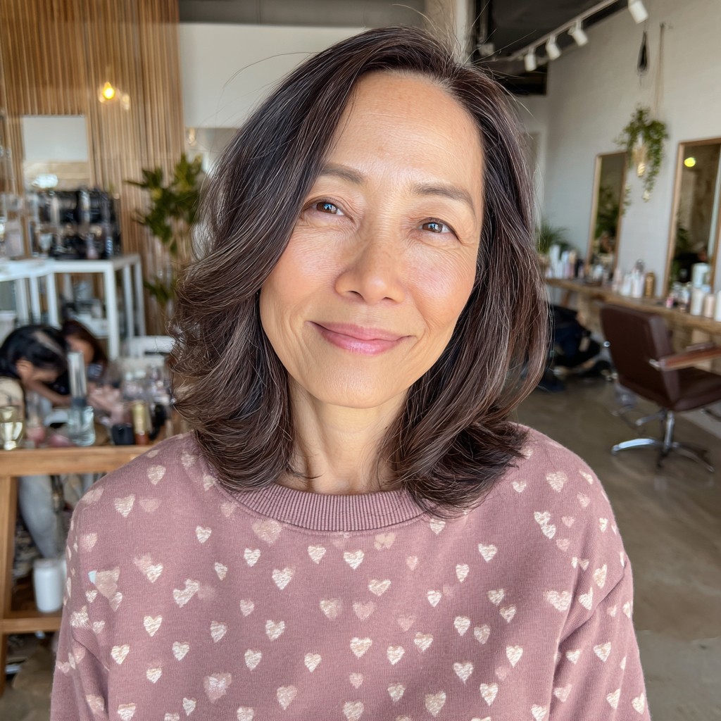 Textured Lob with Gentle Waves and Long Bangs