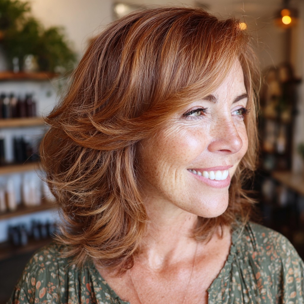 Warm Copper Layered Lob with Soft Bangs