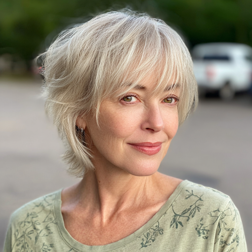 Chic Light Blonde Textured Cut with Subtle Bangs
