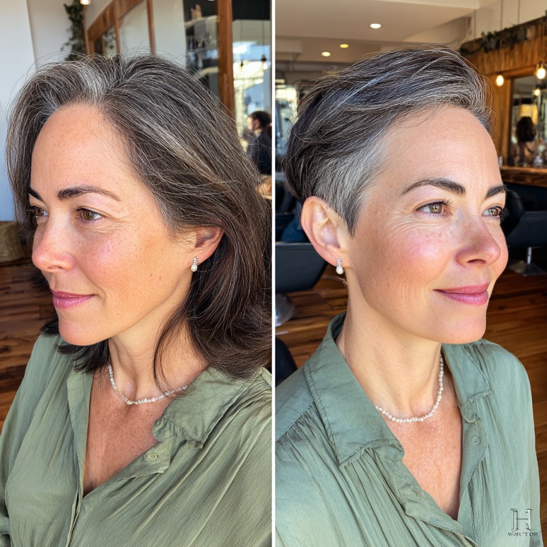 chic long undercut pixie with subtle gray highlights