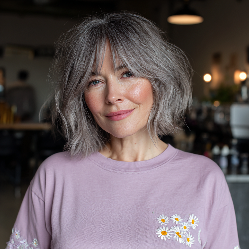 Chic Wavy Grey Bob with Soft Bangs