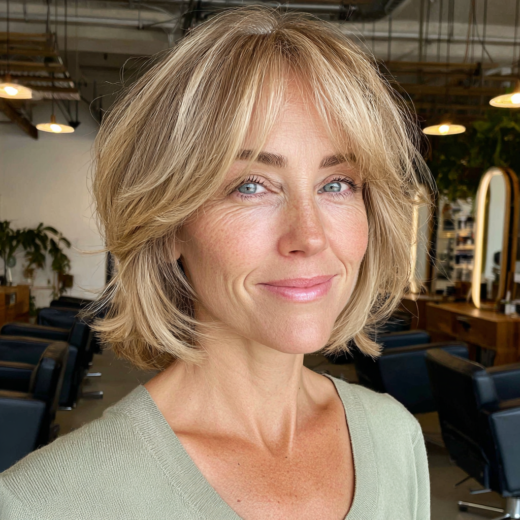 effortlessly chic layered bob with soft curtain bangs