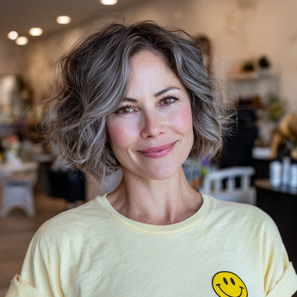 Playful Curly Grey Bob with Soft Volume