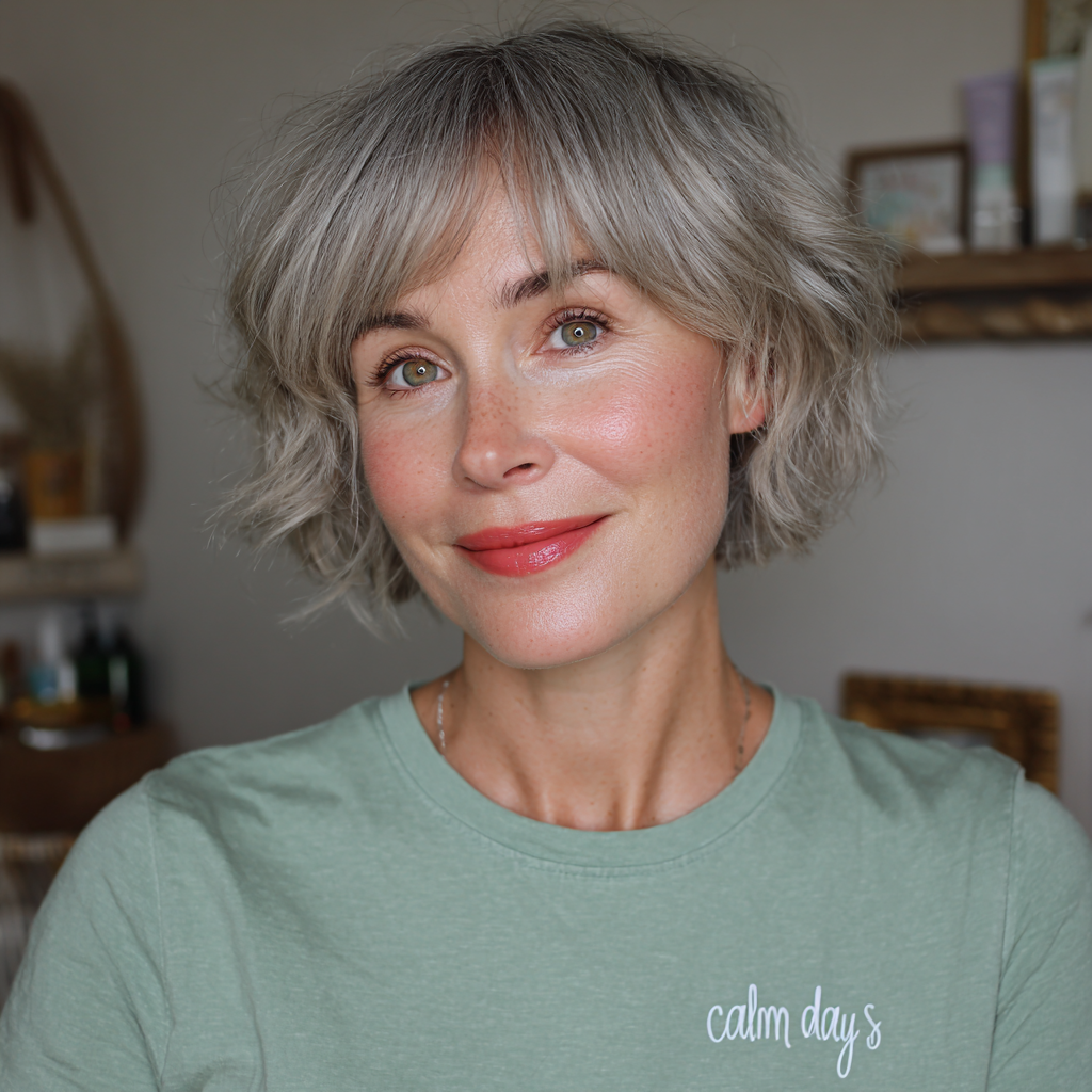 Playful Textured Grey Bob with Soft Curls