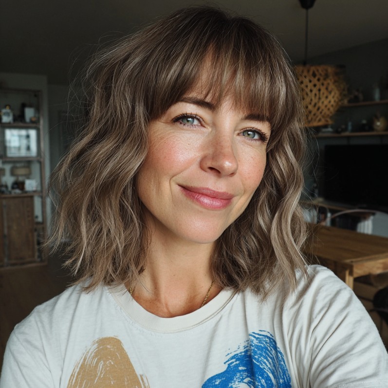 Softly Textured Wavy Bob with Fringe