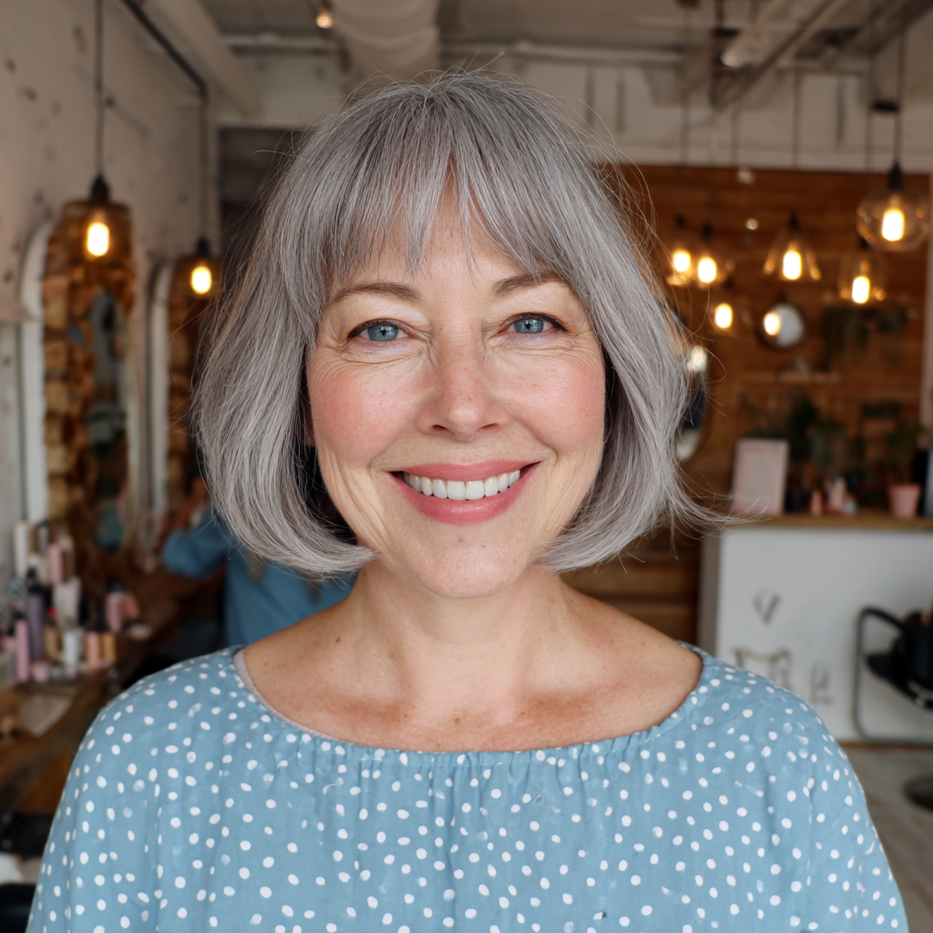 Stylish Grey Bob with Soft Fringed Bangs