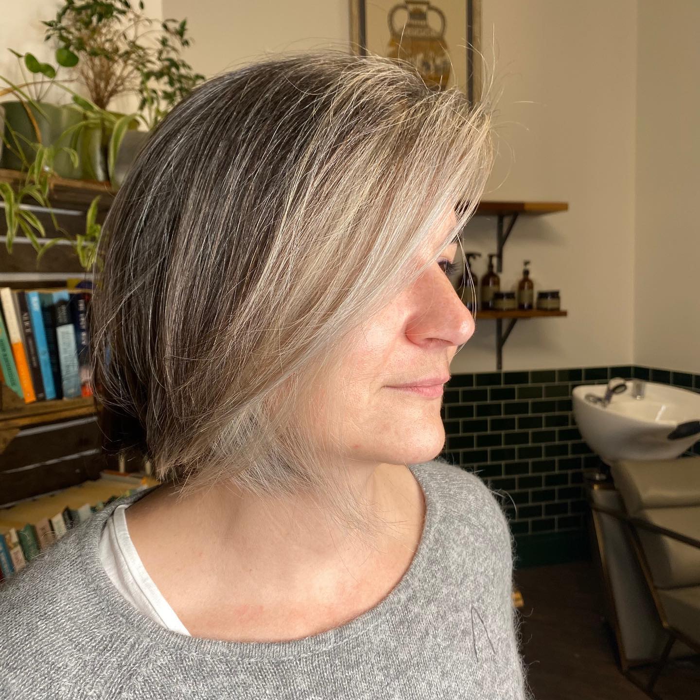 Textured Asymmetrical Bob with Soft Silver Highlights