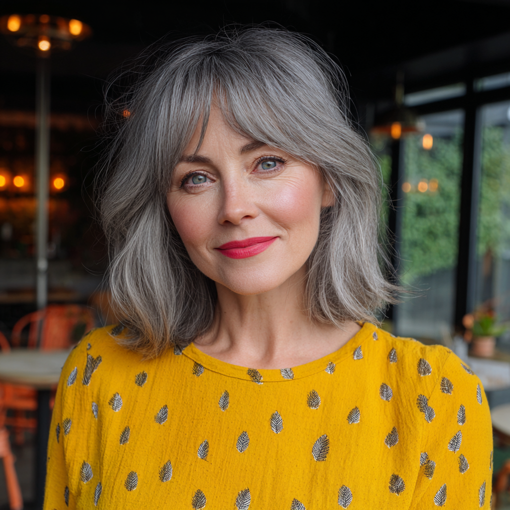 Textured Grey Bob with Soft Layers and Face-Framing Bangs