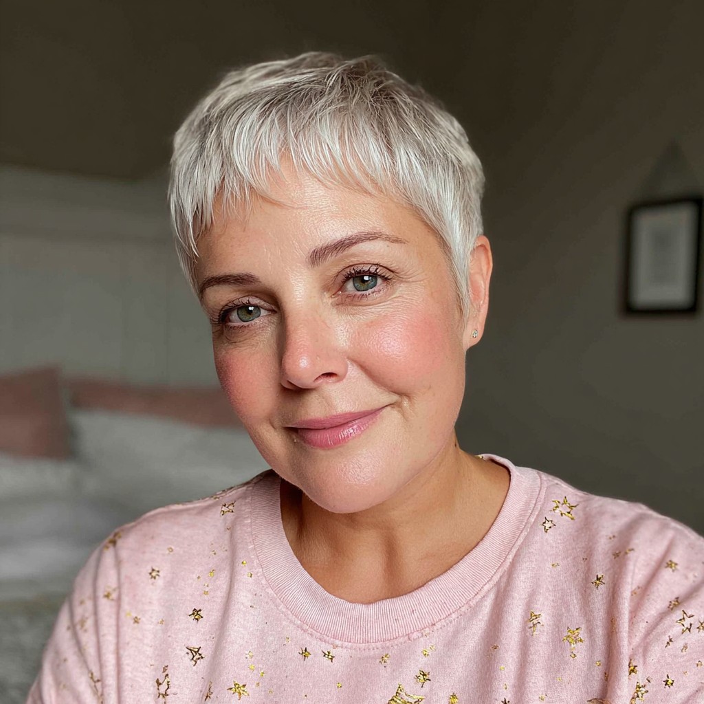 Textured Light Blonde Pixie Cut with Subtle Bangs