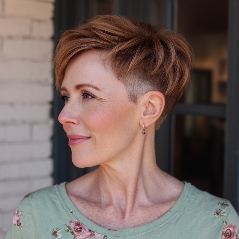 Textured Long Undercut Pixie with Warm Auburn Tones