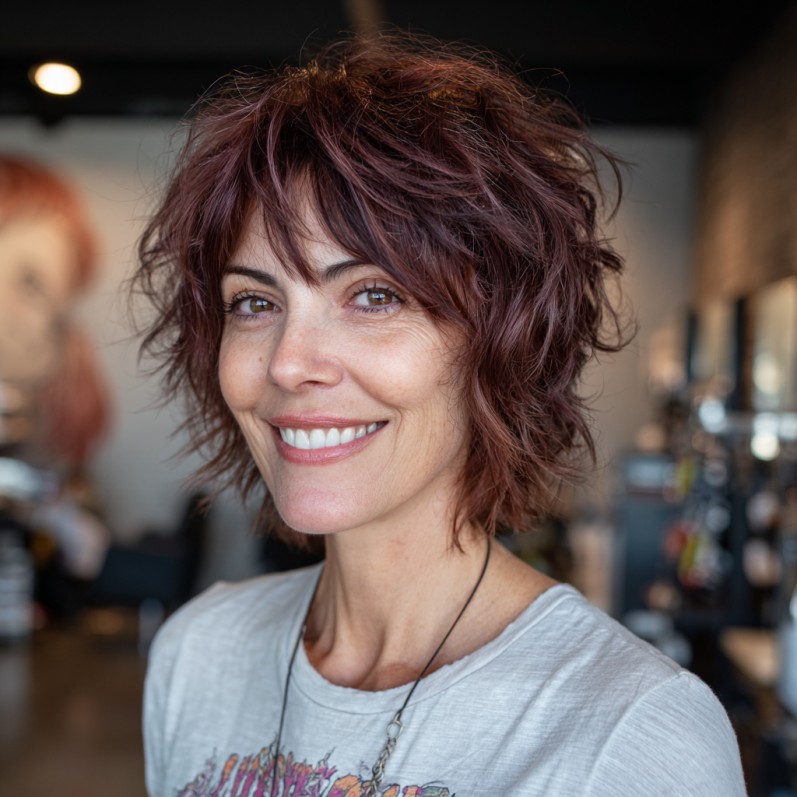 Textured Short Cut with Rich Burgundy Highlights