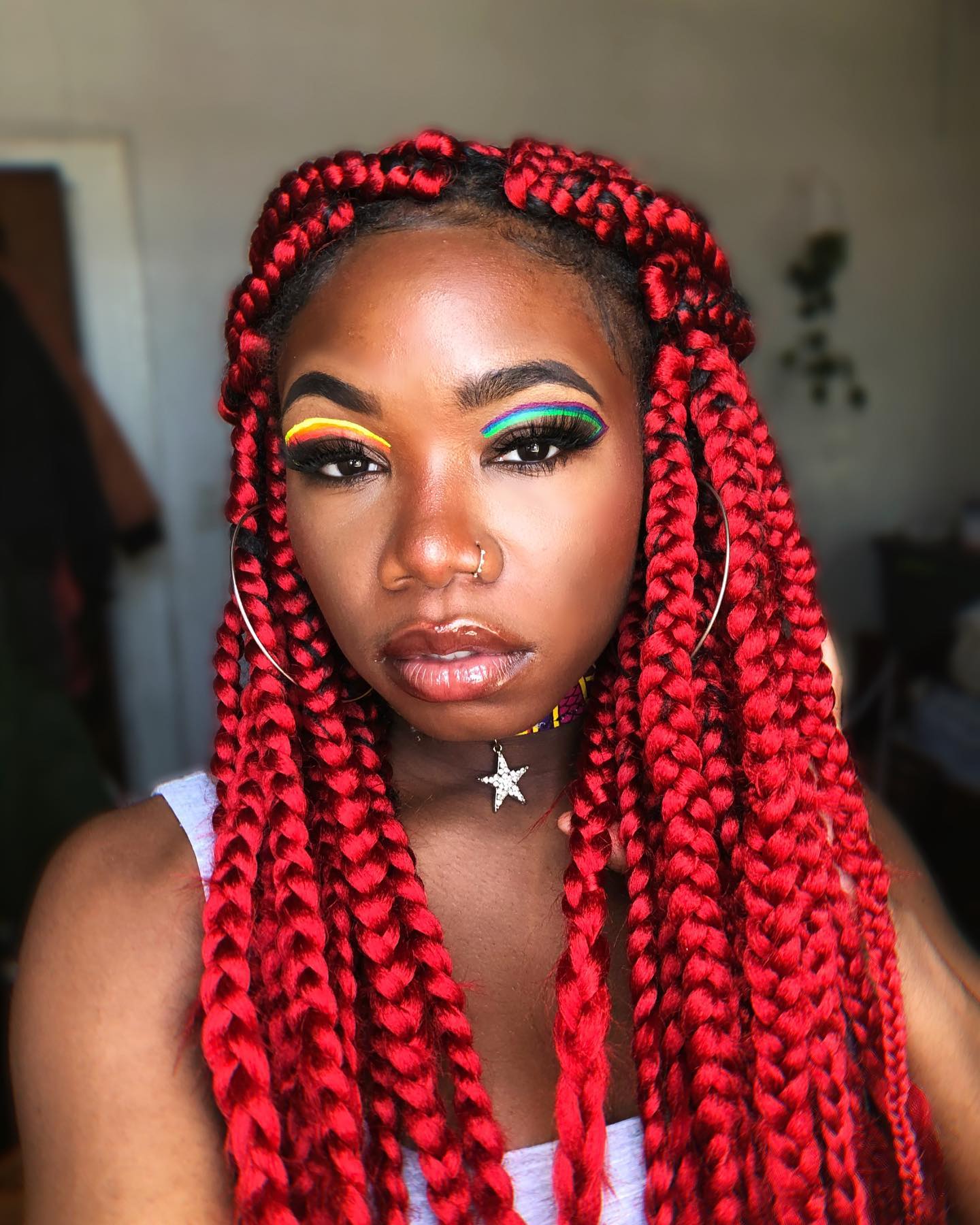Bold Red Box Braids with Unique Textural Details