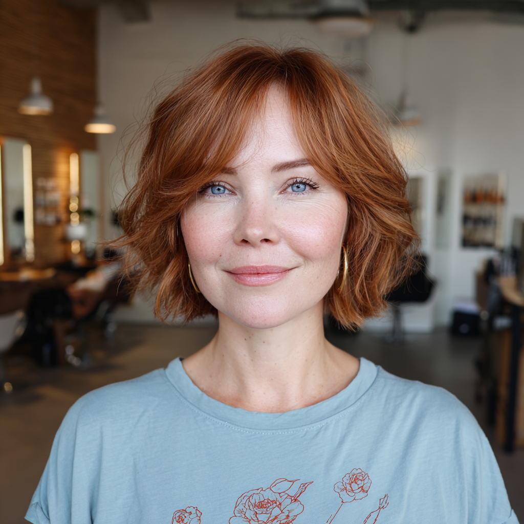 Charming Textured Bob with Soft Curtain Bangs