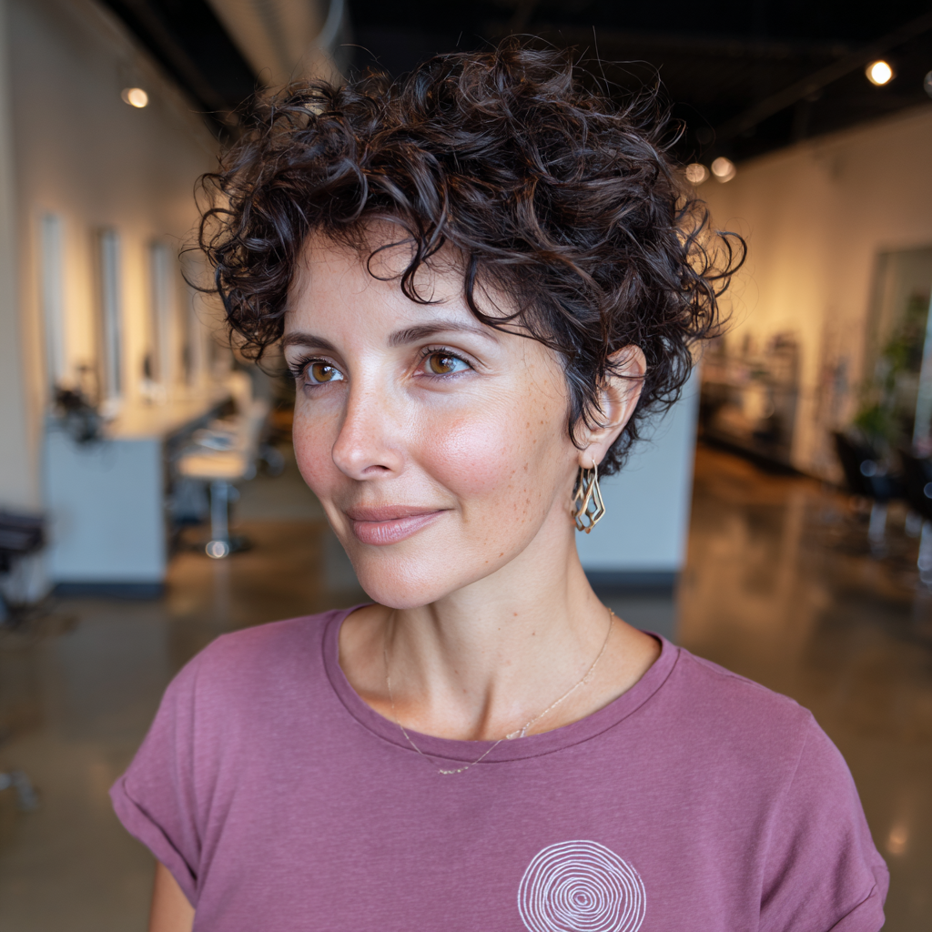 Chic Curly Pixie Cut with Face-Framing Layers