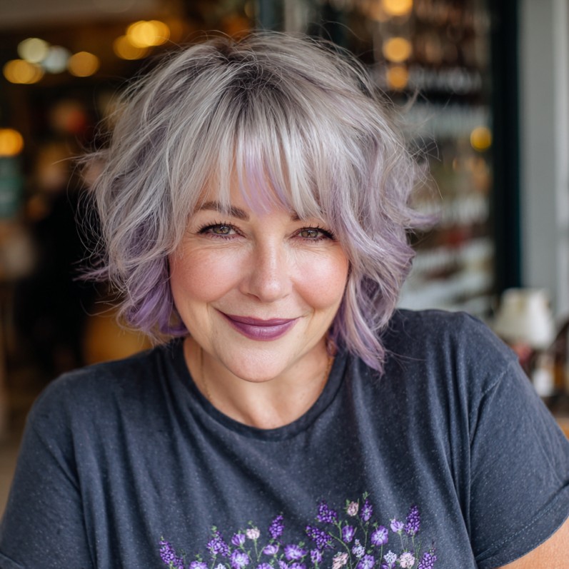 chic layered asymmetrical bob with lavender highlights