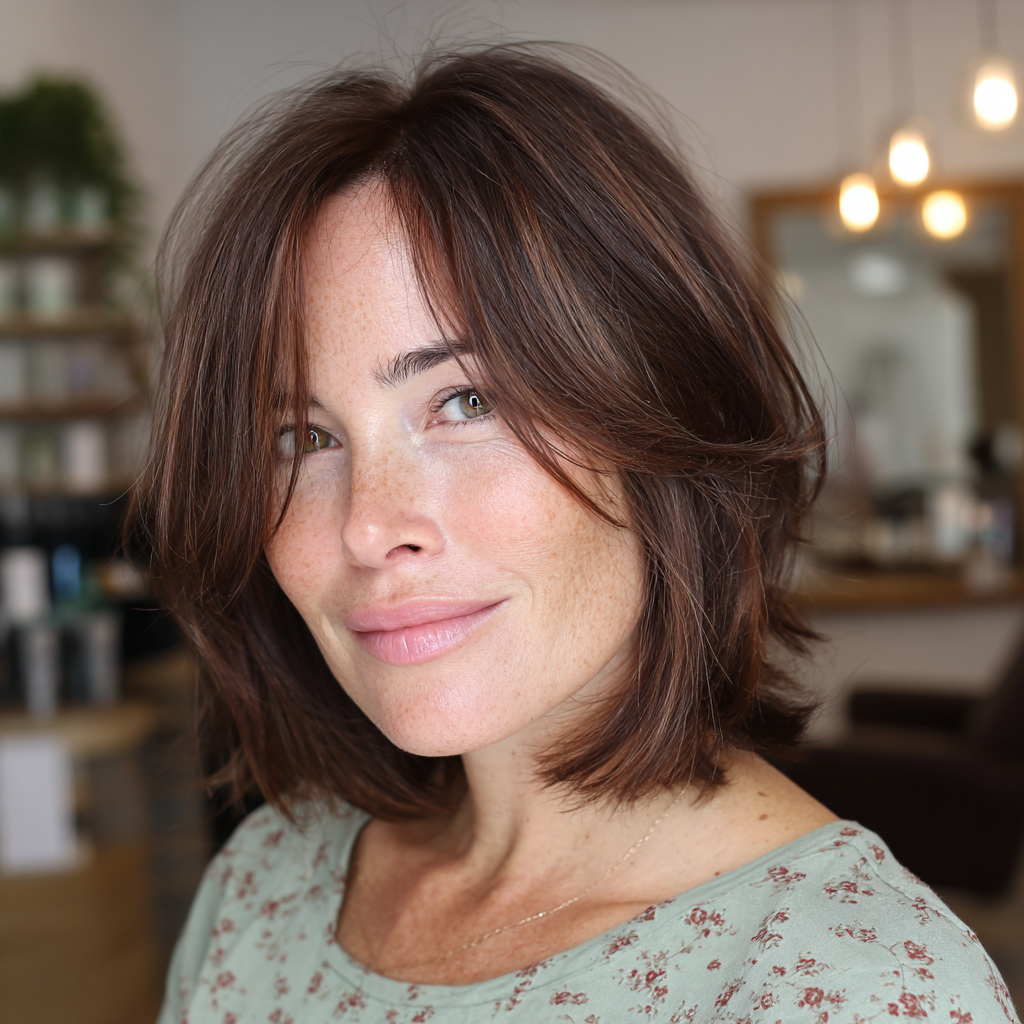 Modern Rich Chocolate Layered Bob with Soft Curtain Bangs