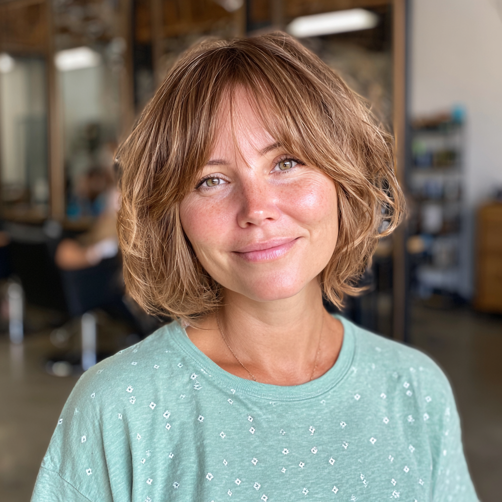 Playful Curly Layered Bob with Soft Curtain Bangs