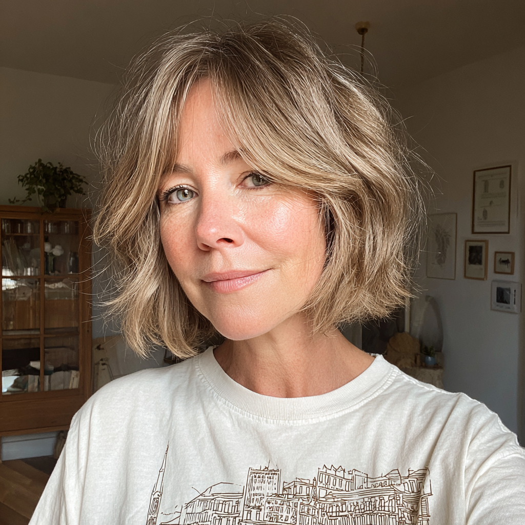 Softly Textured Layered Bob with Light Curtain Bangs