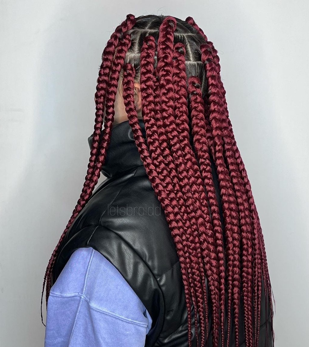 Striking Long Red Box Braids with Defined Texture