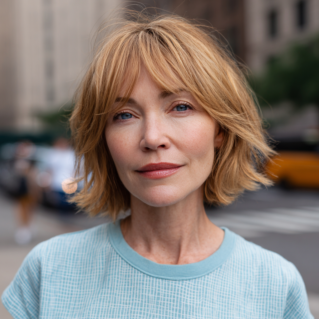 Textured Golden Bob with Soft Curtain Bangs