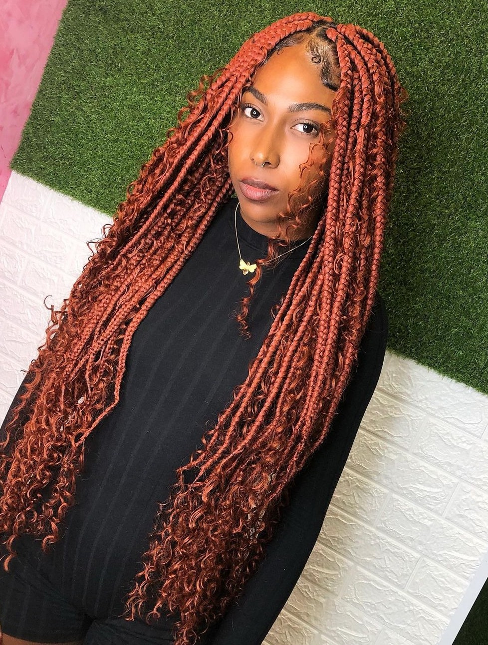 Vibrant Red Box Braids with Curly Ends