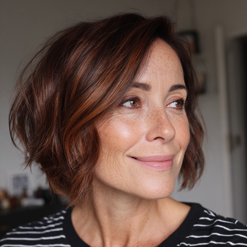 Warm Chestnut Layered Bob with Subtle Highlights