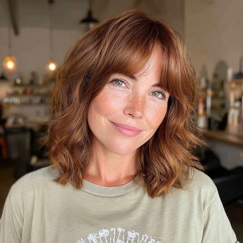 Warm Cinnamon Layered Bob with Soft Curtain Bangs