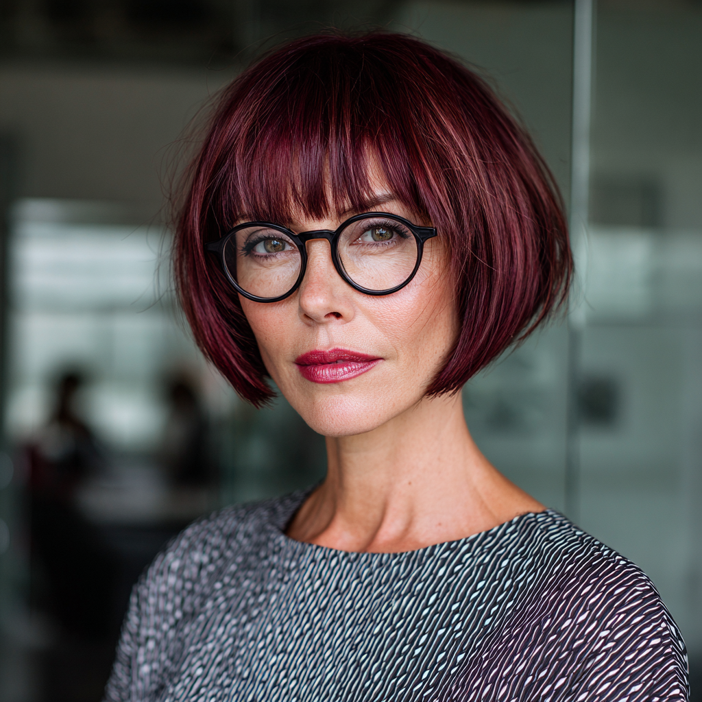 Bold Burgundy Layered Bob with Bangs