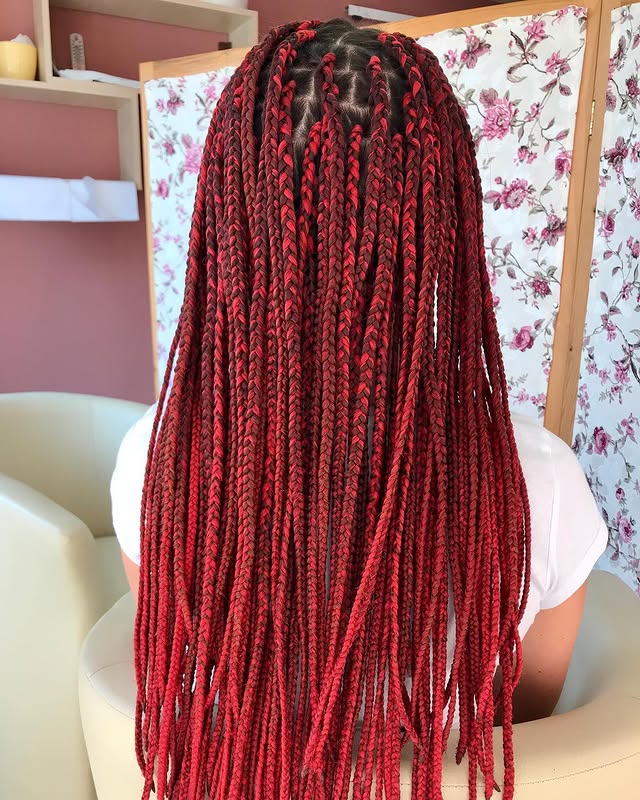 Bold Long Red Box Braids with Intricate Detailing