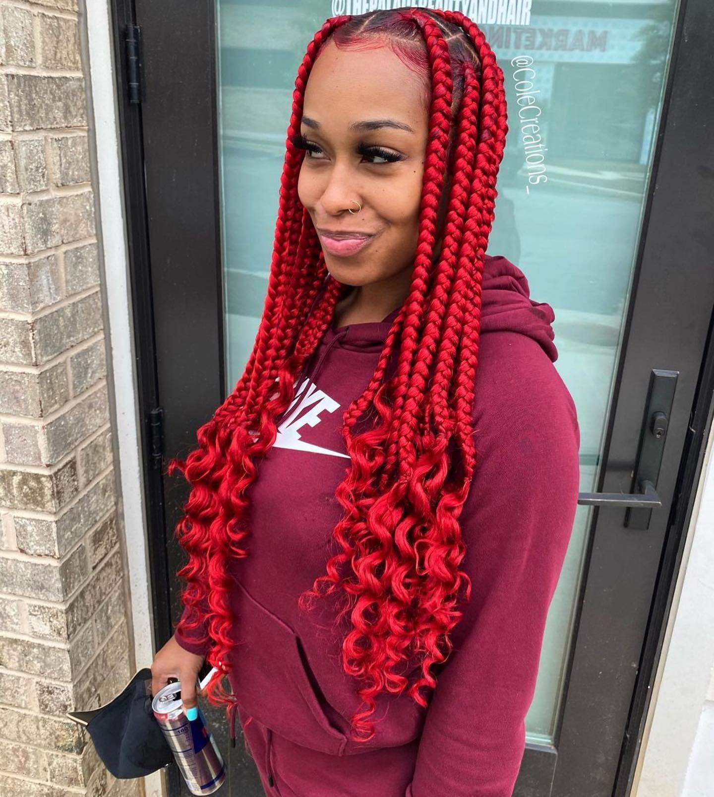 Bold Red Box Braids with Curly Ends