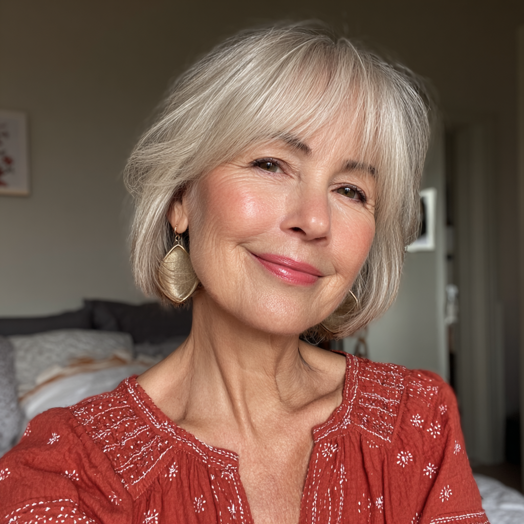 Chic Soft Silver Bob with Playful Bangs