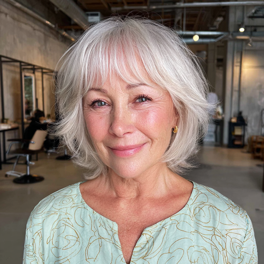 Chic Soft Silver Shag with Wispy Bangs