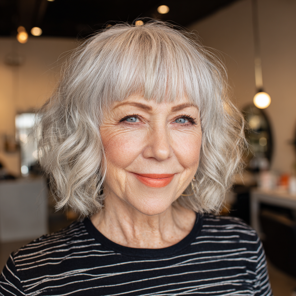 Chic Textured Silver Bob with Soft Bangs
