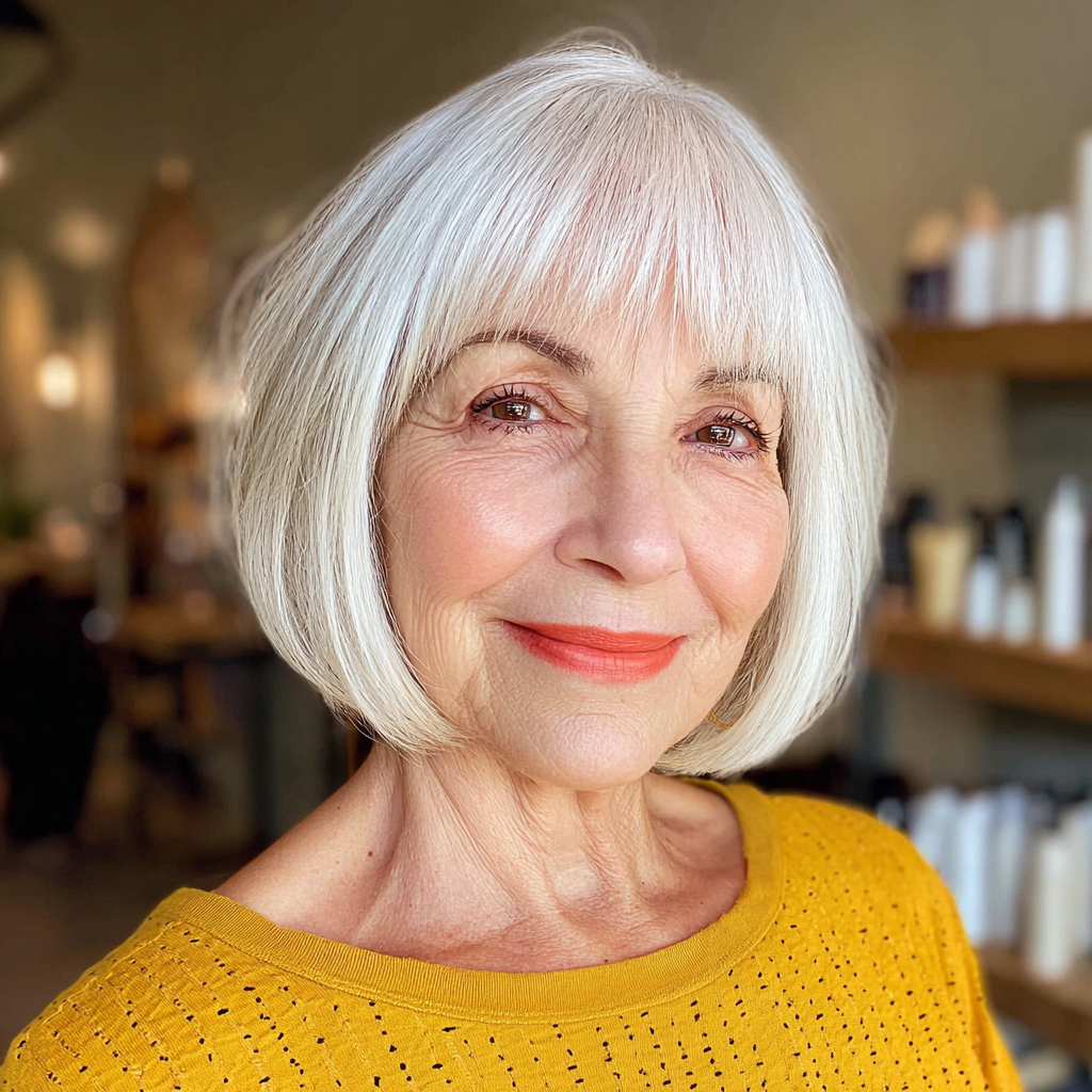 Chic Textured Silver Bob with Straight Bangs