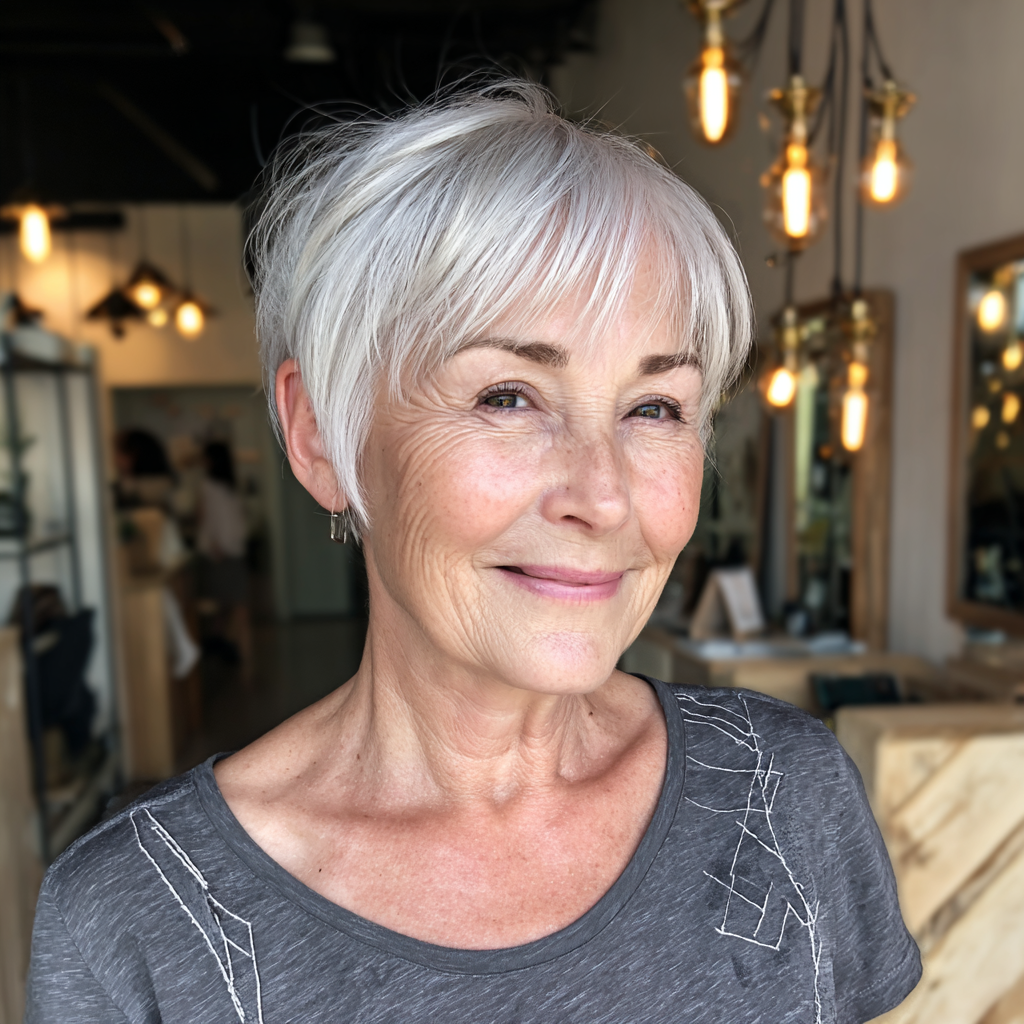 Chic Textured Silver Pixie Cut with Soft Bangs