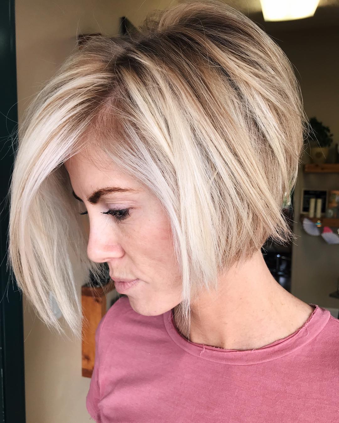 Contemporary Stacked Bob with Soft Blonde Highlights