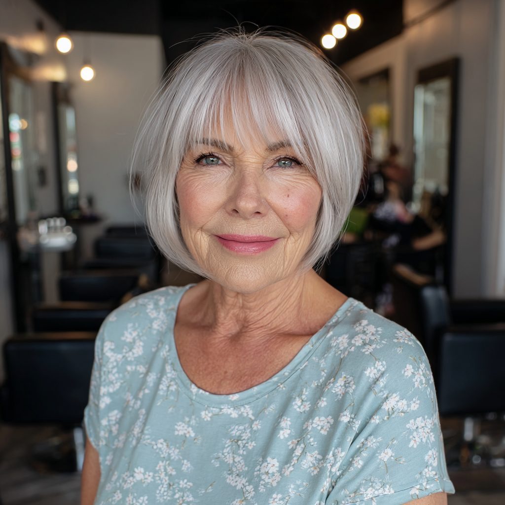 Elegant Silvery Blunt Bob with Soft Fringe