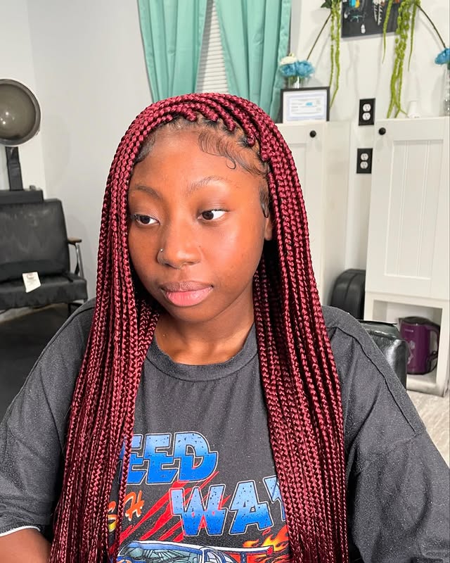 Radiant Long Red Box Braids with Defined Parting