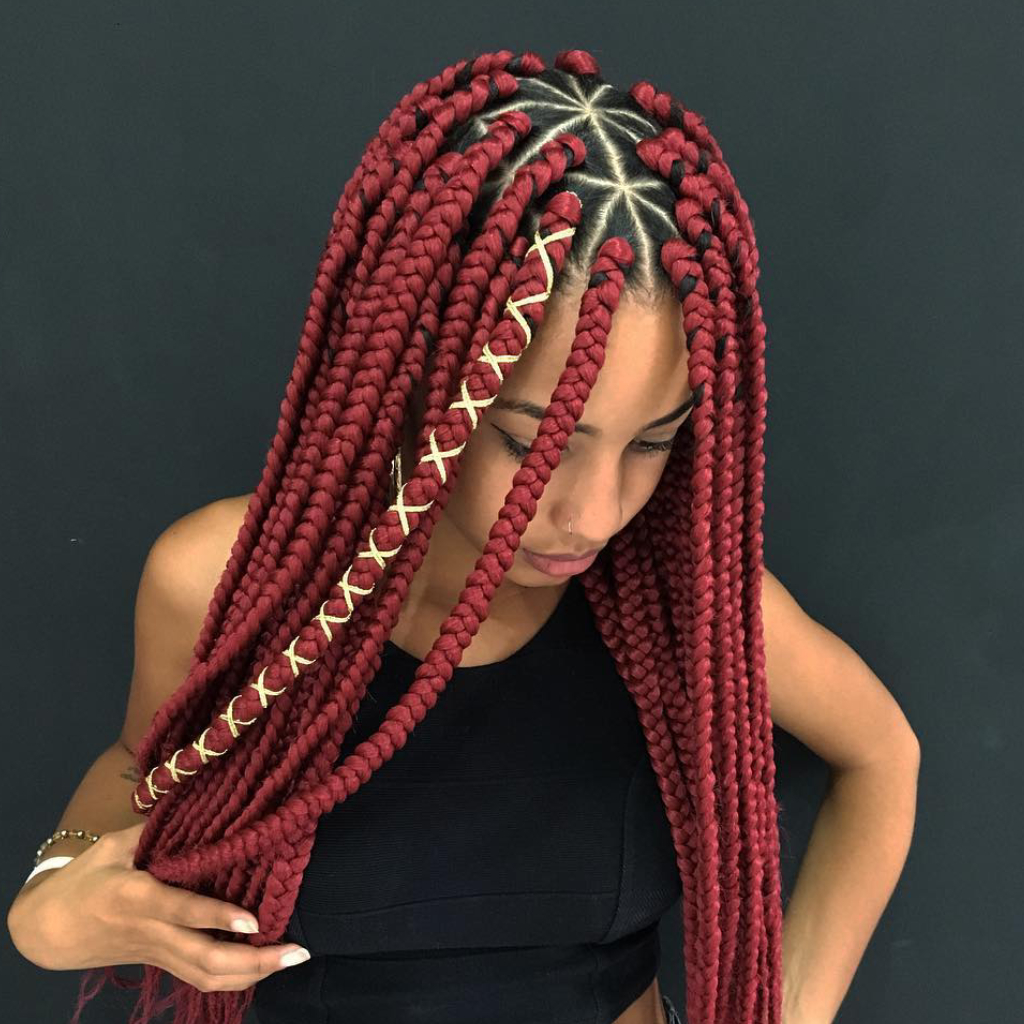 Eye-Catching Red Box Braids with Unique Accents