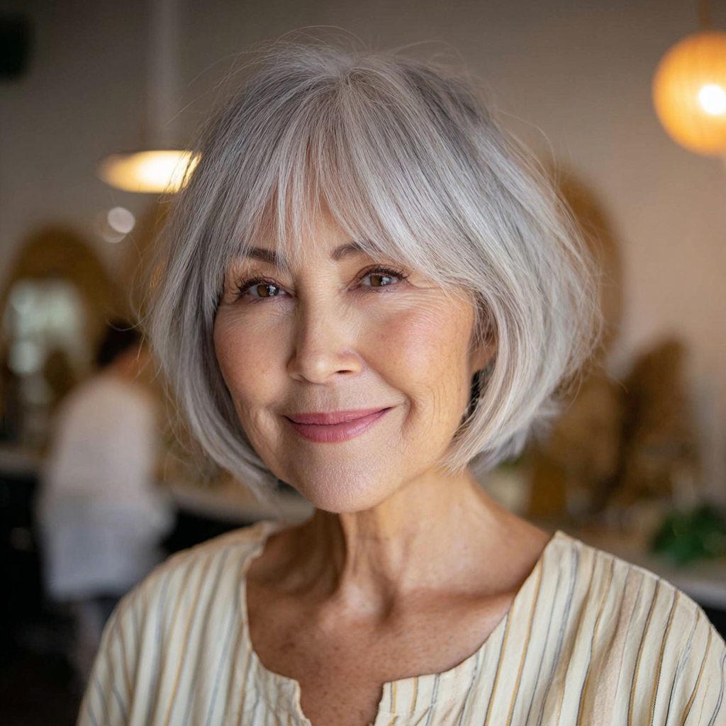 Softly Textured Silver Bob with Wispy Bangs