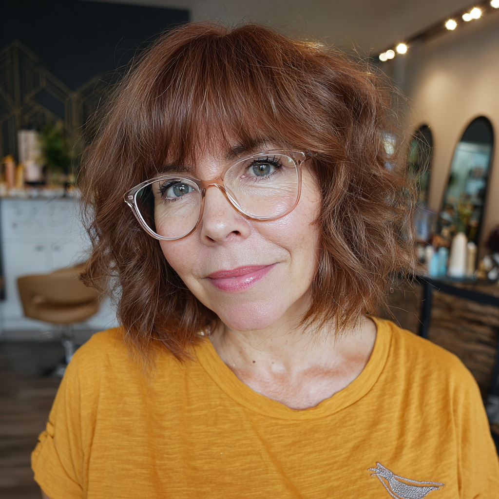 Textured Copper Layered Bob with Wispy Bangs