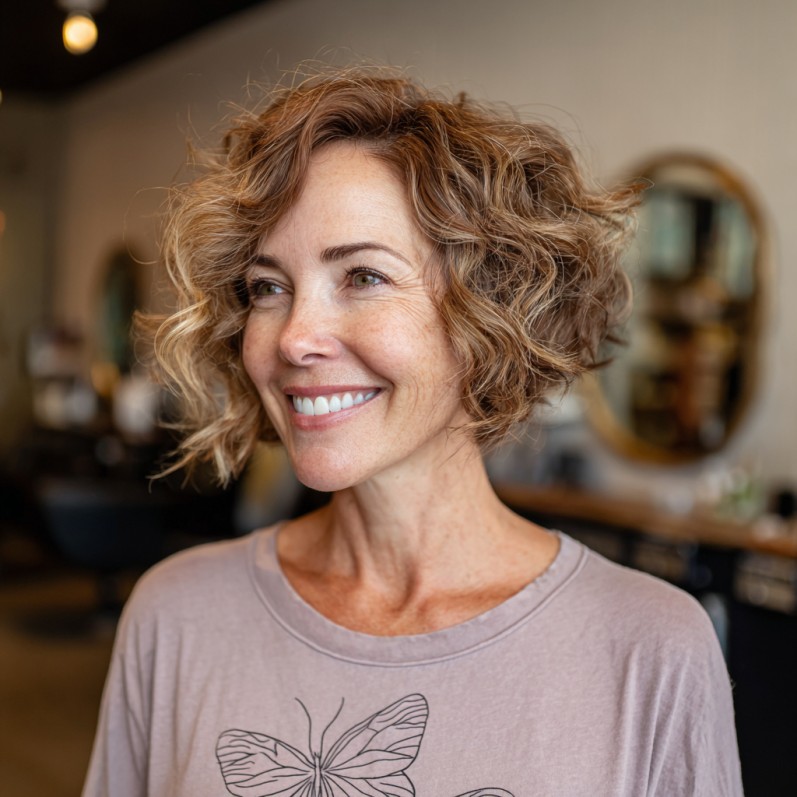 Chic Curly Medium Pixie Bob with Subtle Highlights