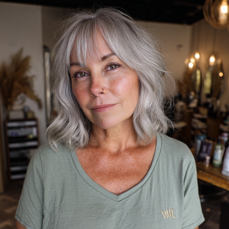 chic textured grey bob with soft bangs