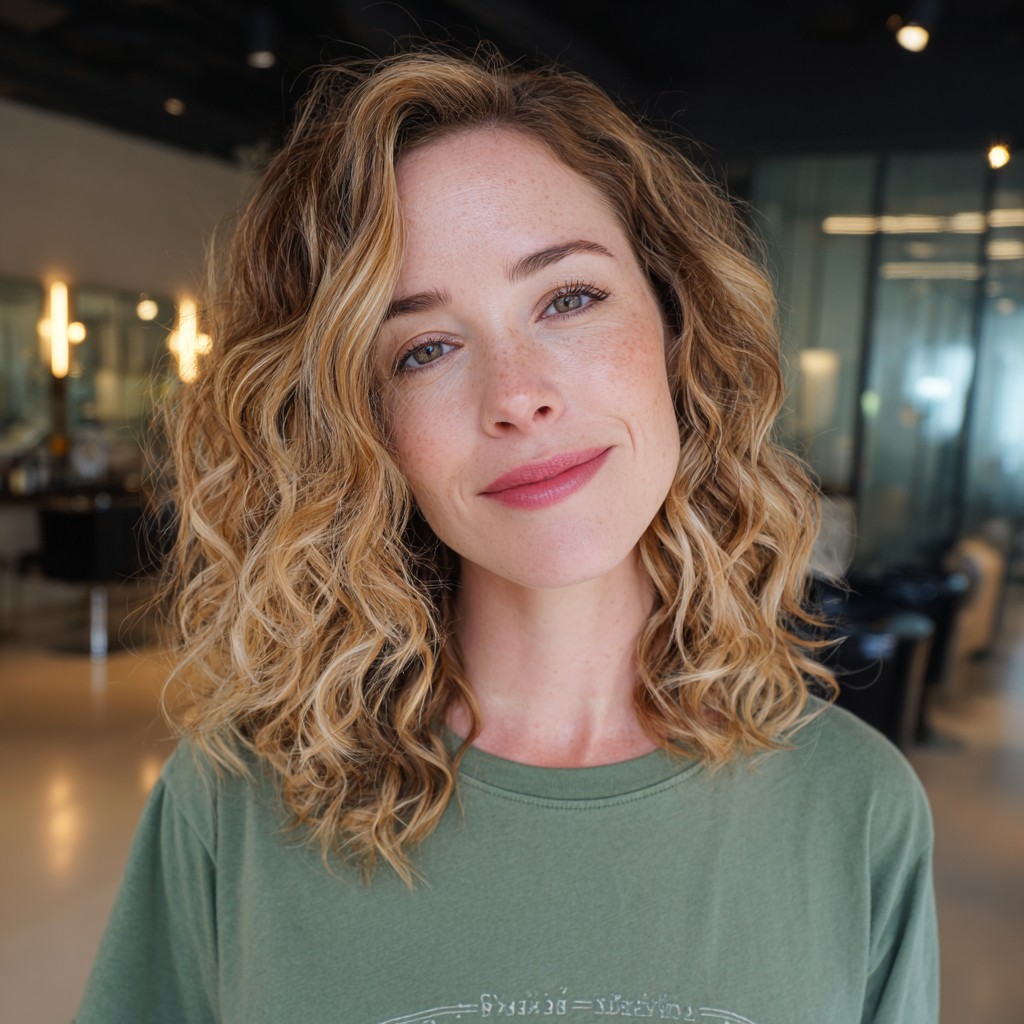 chic curly shoulder length hair with blonde highlights