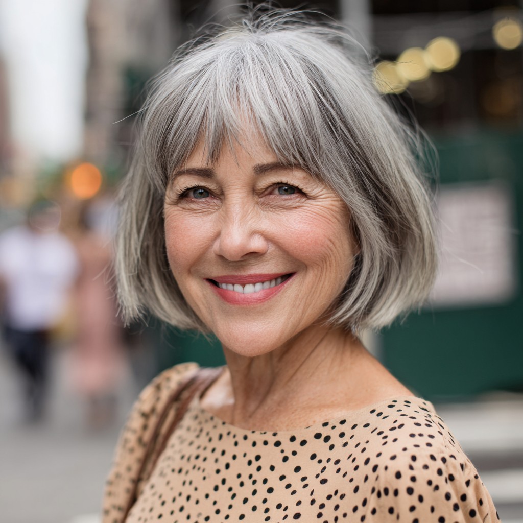 Chic Silver Jaw-Length Bob with Textured Curtain Bangs