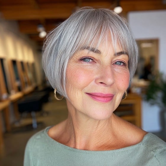 Chic Layered Gray Bob with Soft Fringed Bangs