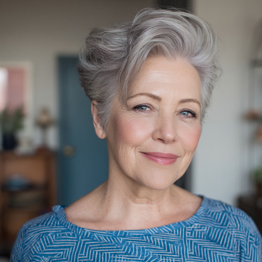 Chic Silver Pompadour Pixie with Soft Volume