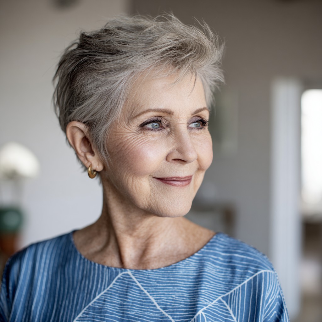 Chic Softly Textured Pixie Cut with Grey Highlights