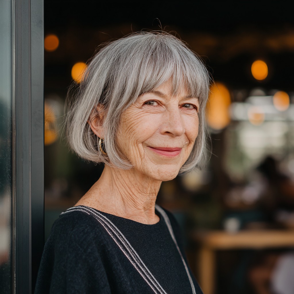 Elegant Silver Jaw-Length Bob with Soft Curtain Bangs
